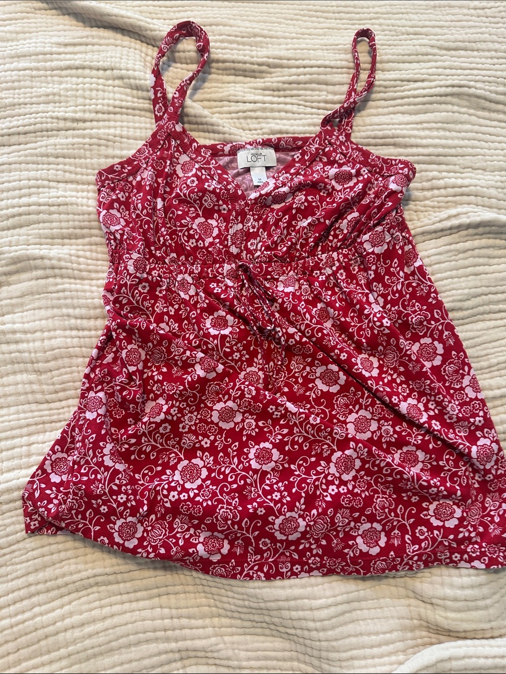 LOFT Red White Sz M Floral Tie-Front Camisole